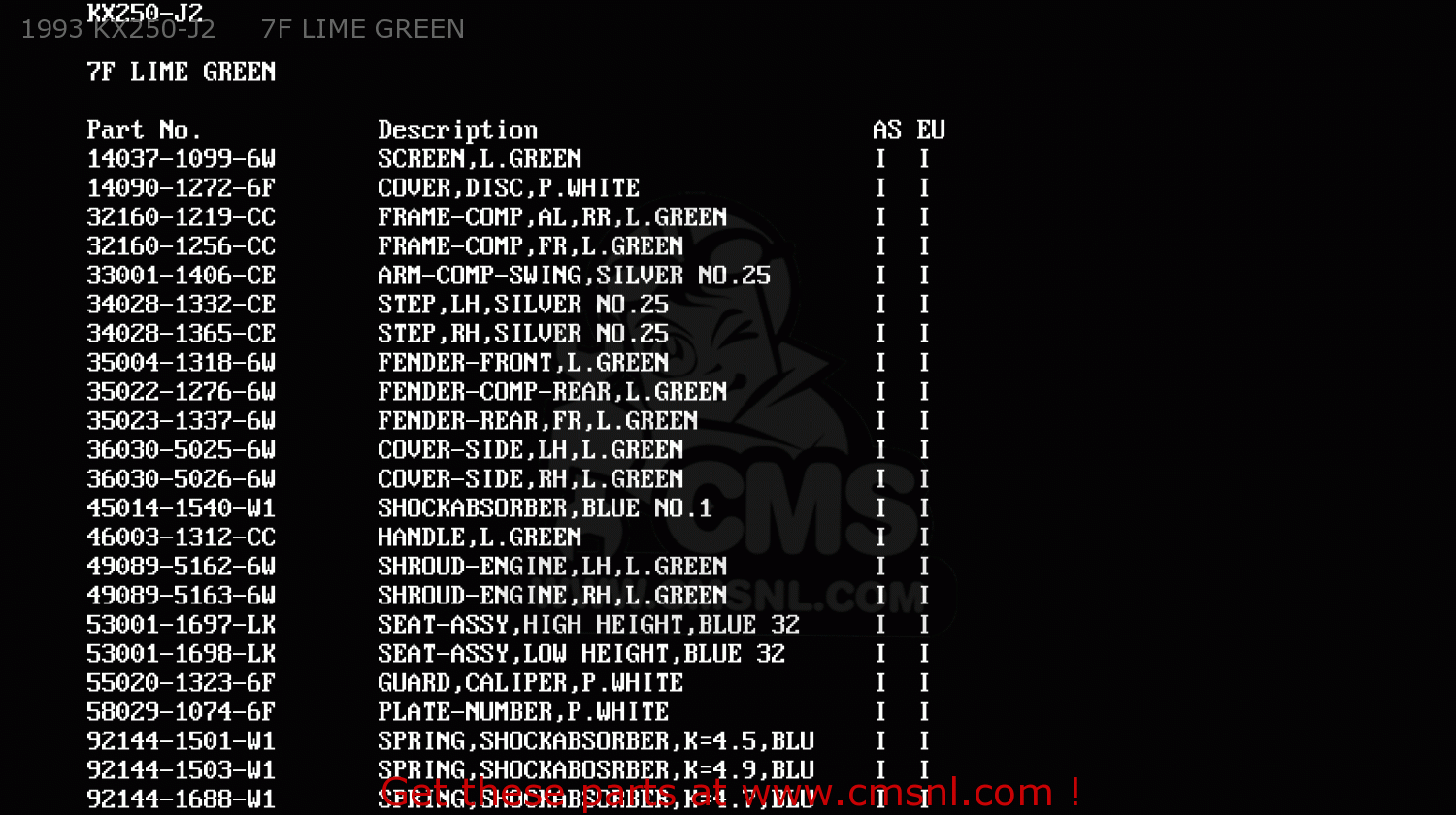 1993 KX250-J2     7F LIME GREEN KX250-J2 1993 KX250 EUROPE AS