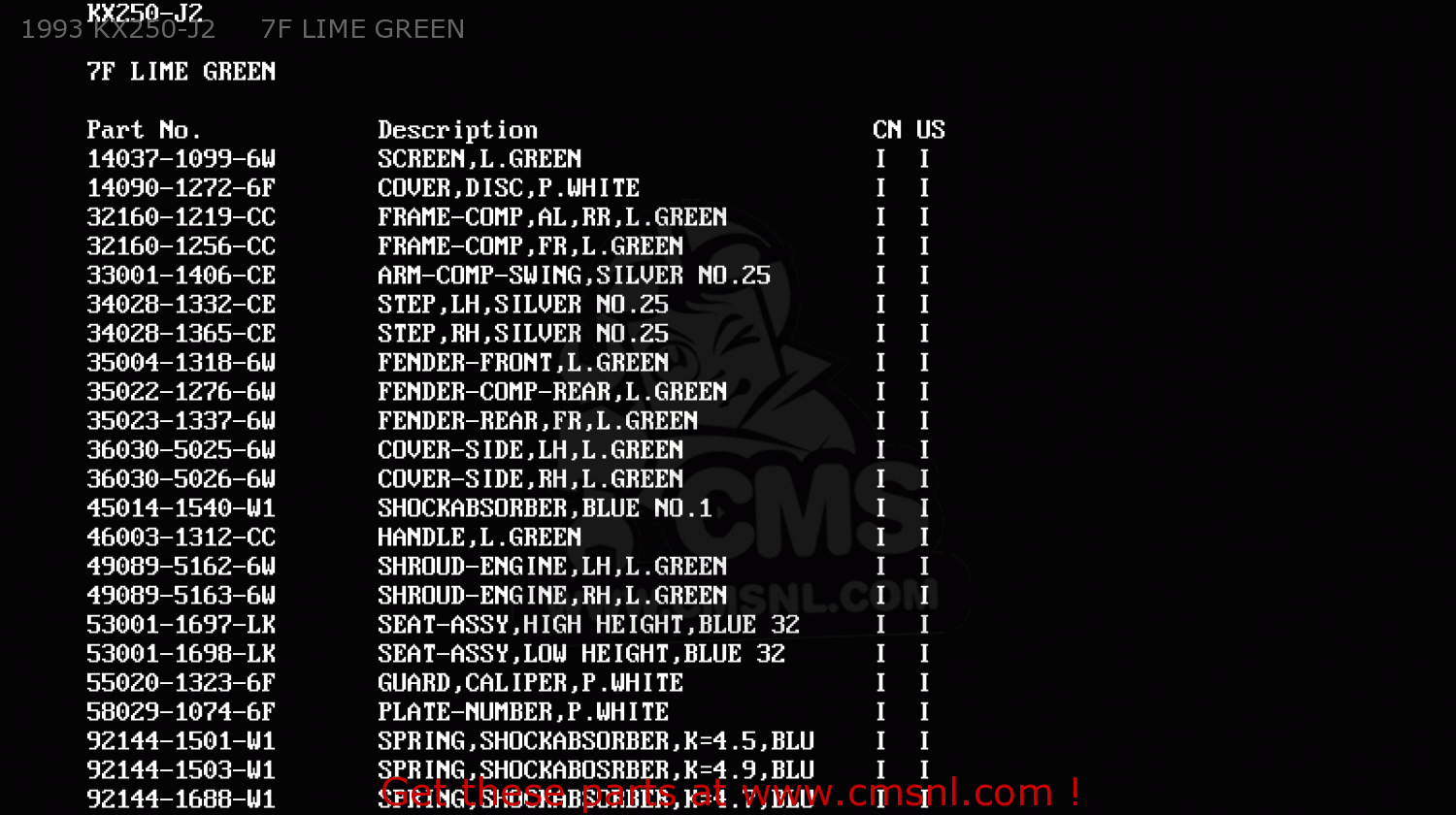 1993 KX250-J2     7F LIME GREEN KX250-J2 1993 USA CANADA