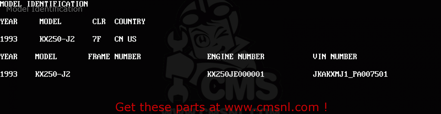 Model Identification KX250-J2 1993 USA CANADA