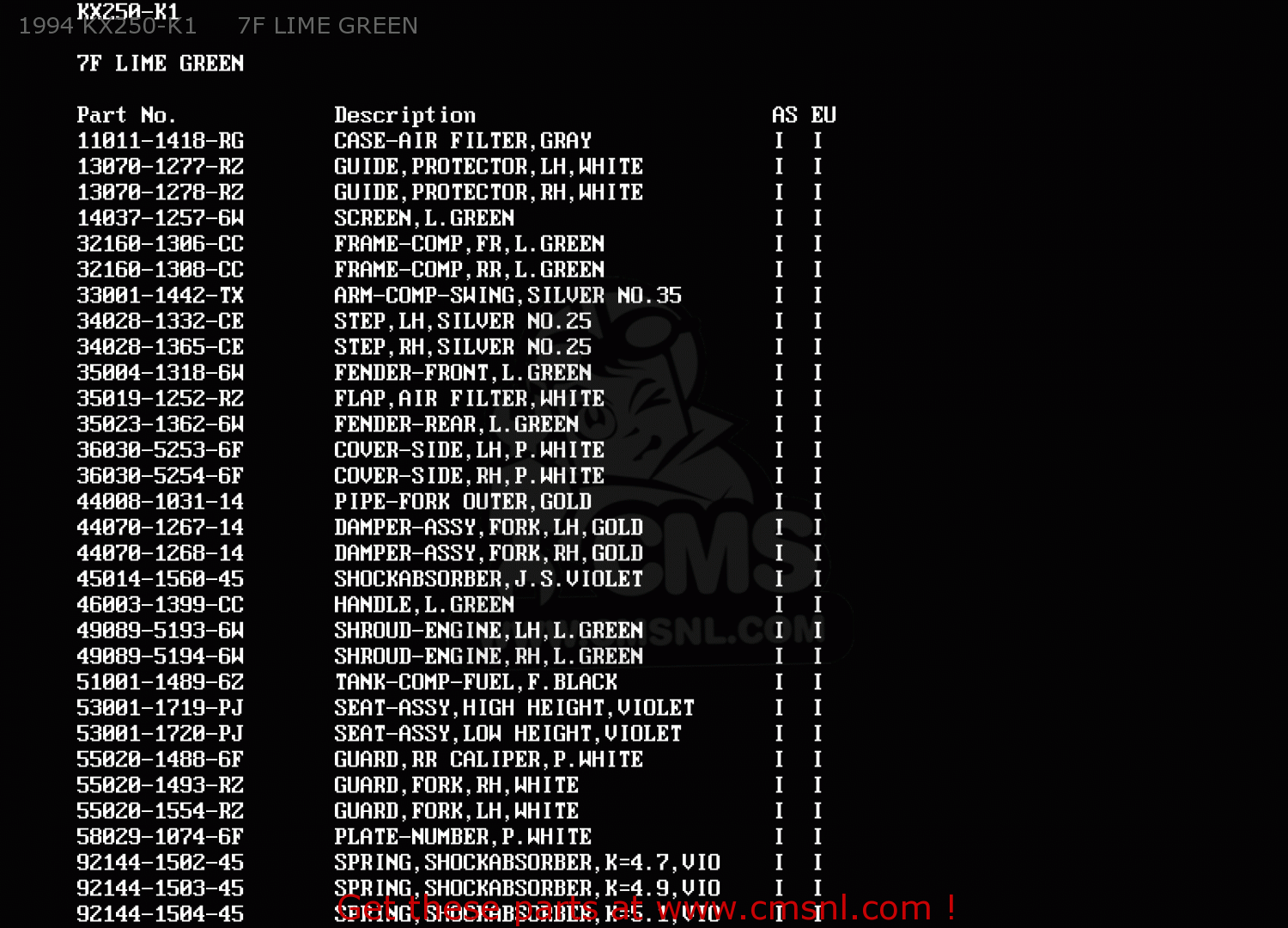 1994 KX250-K1     7F LIME GREEN KX250-K1 1994 EUROPE AS