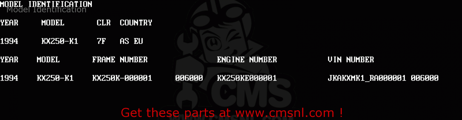 Model Identification KX250-K1 1994 EUROPE AS