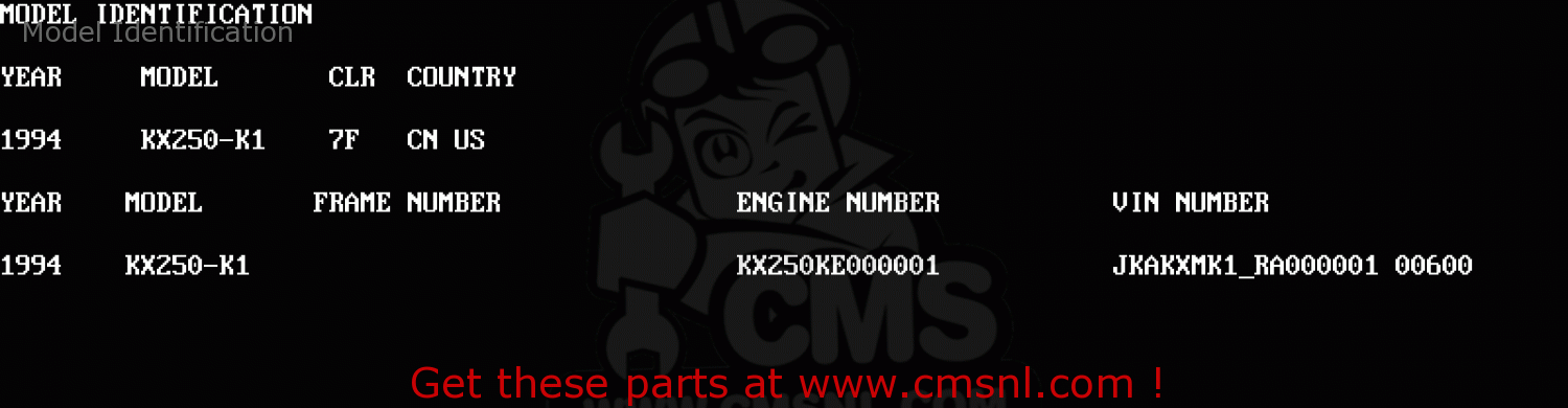 Model Identification KX250-K1 1994 USA CANADA