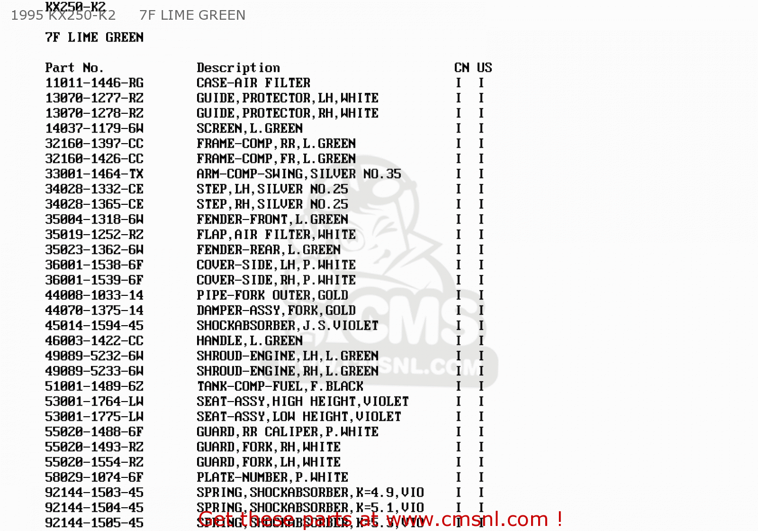 1995 KX250-K2     7F LIME GREEN KX250-K2 1995 USA CANADA
