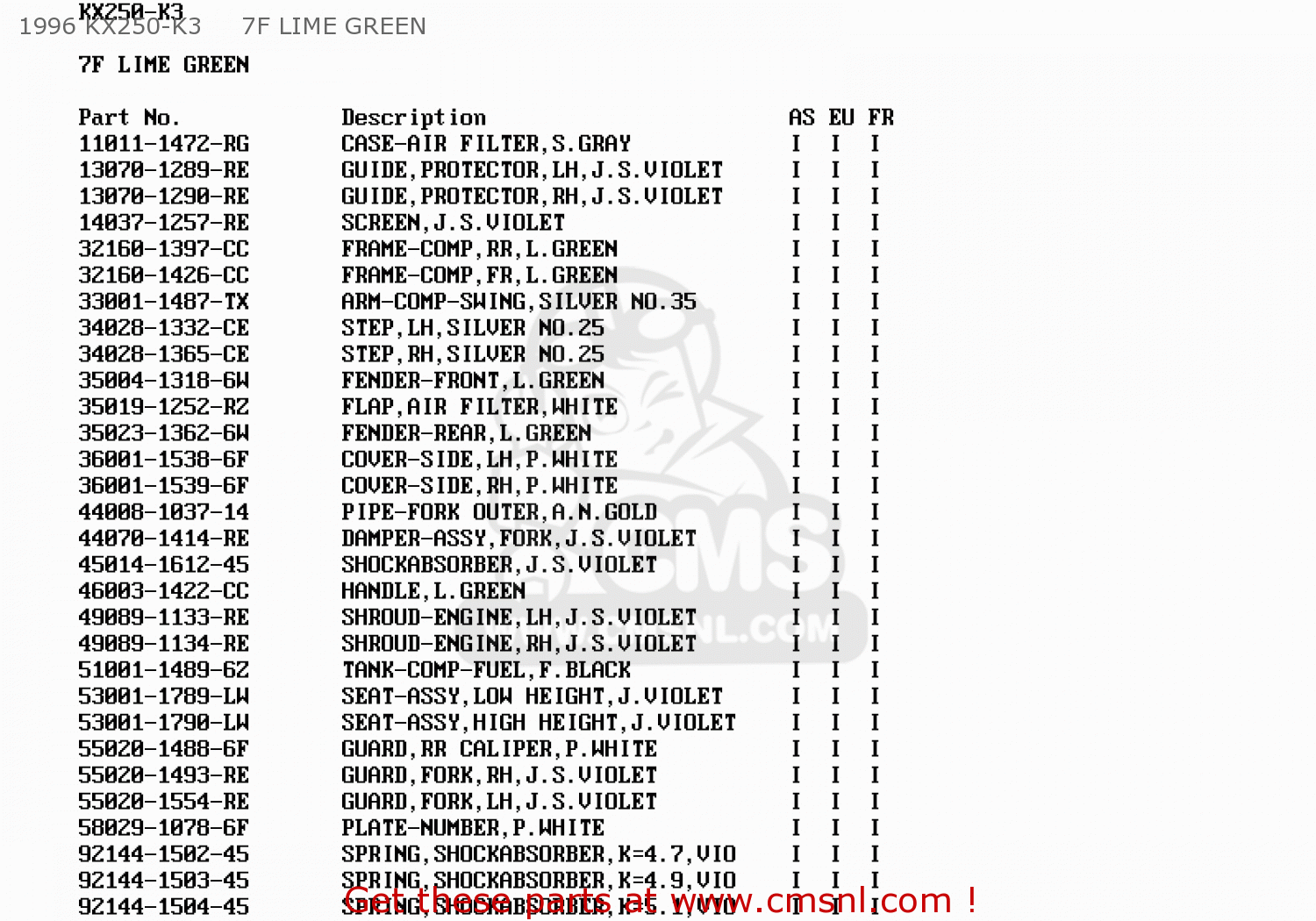 1996 KX250-K3     7F LIME GREEN KX250-K3 1996 EUROPE FR AS