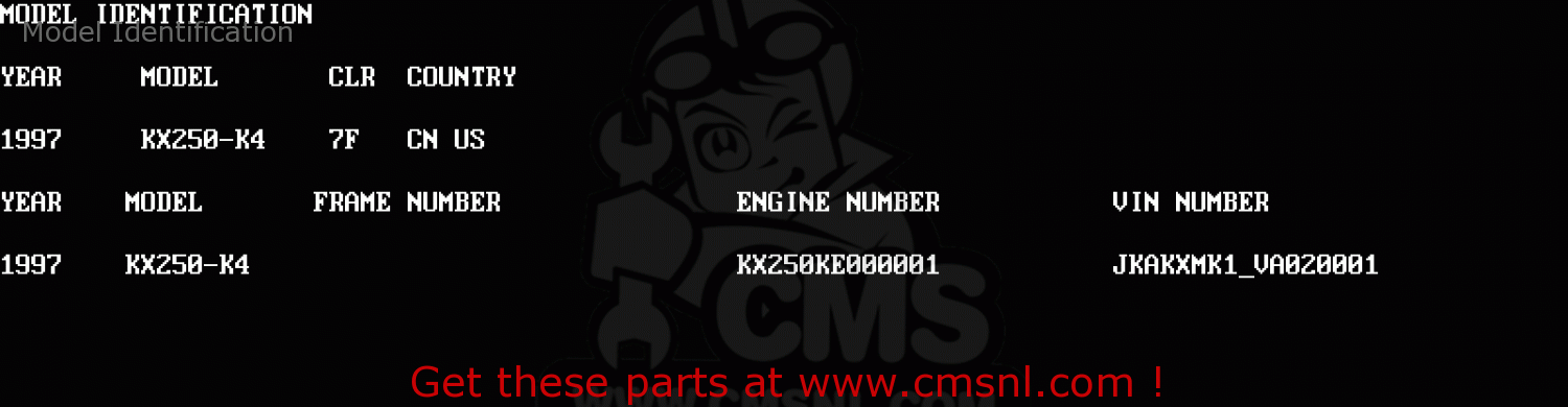 Model Identification KX250-K4 1997 USA CANADA