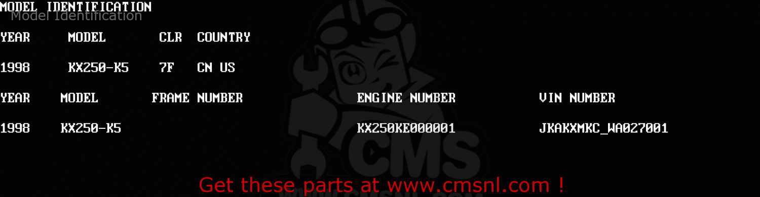 Model Identification KX250-K5 1998 USA CANADA