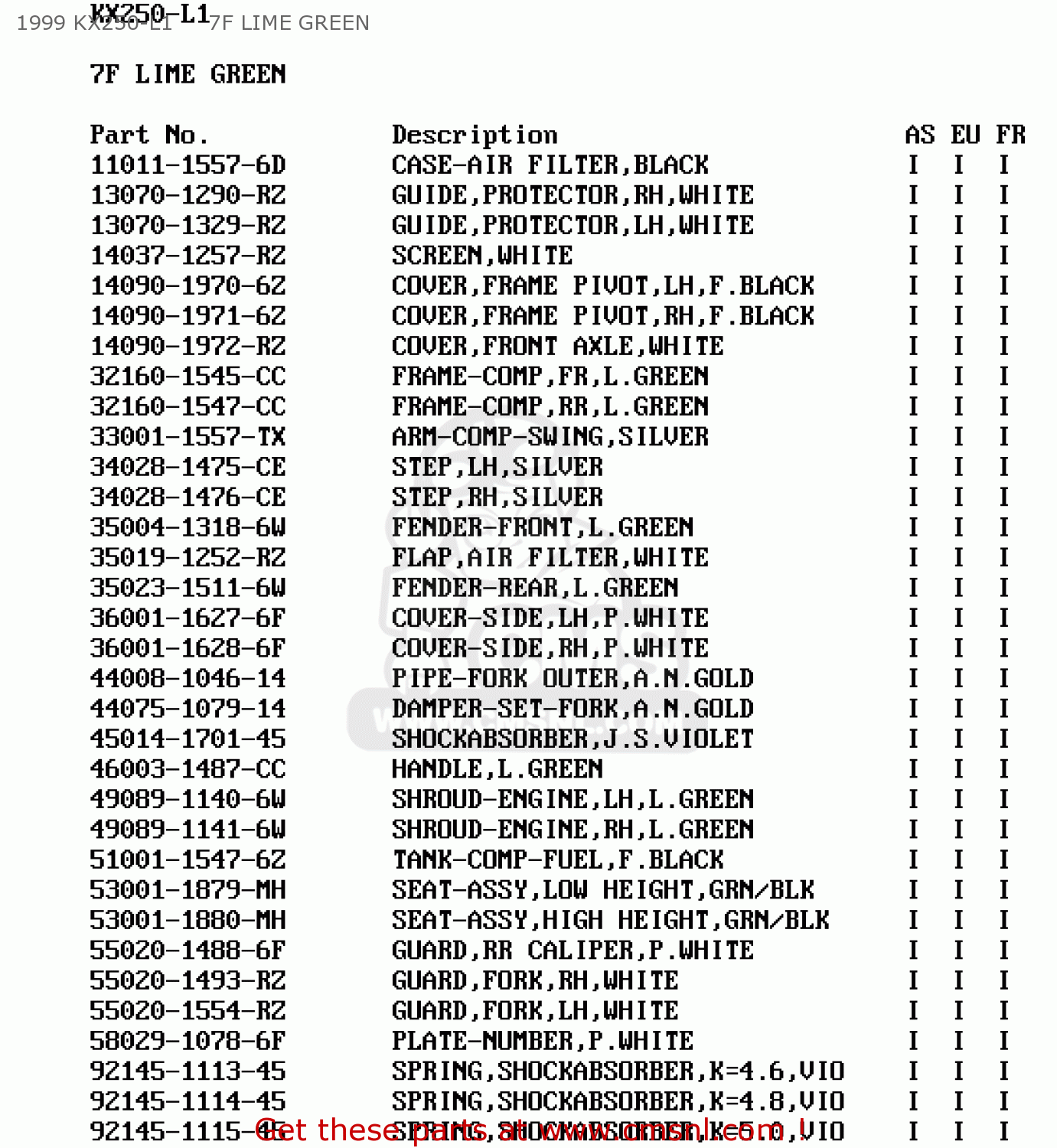 1999 KX250-L1     7F LIME GREEN KX250-L1 1999 EUROPE FR AS