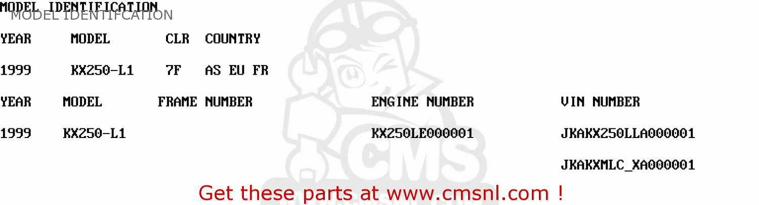 MODEL IDENTIFCATION KX250-L1 1999 EUROPE FR AS