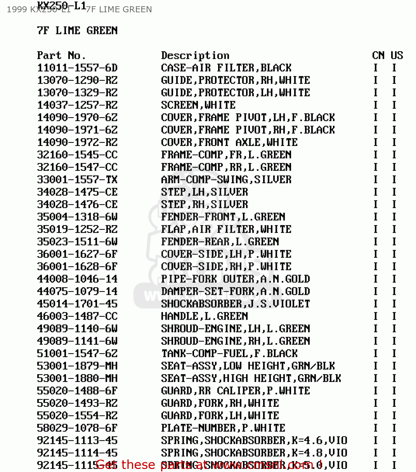 1999 KX250-L1     7F LIME GREEN KX250-L1 1999 USA CANADA