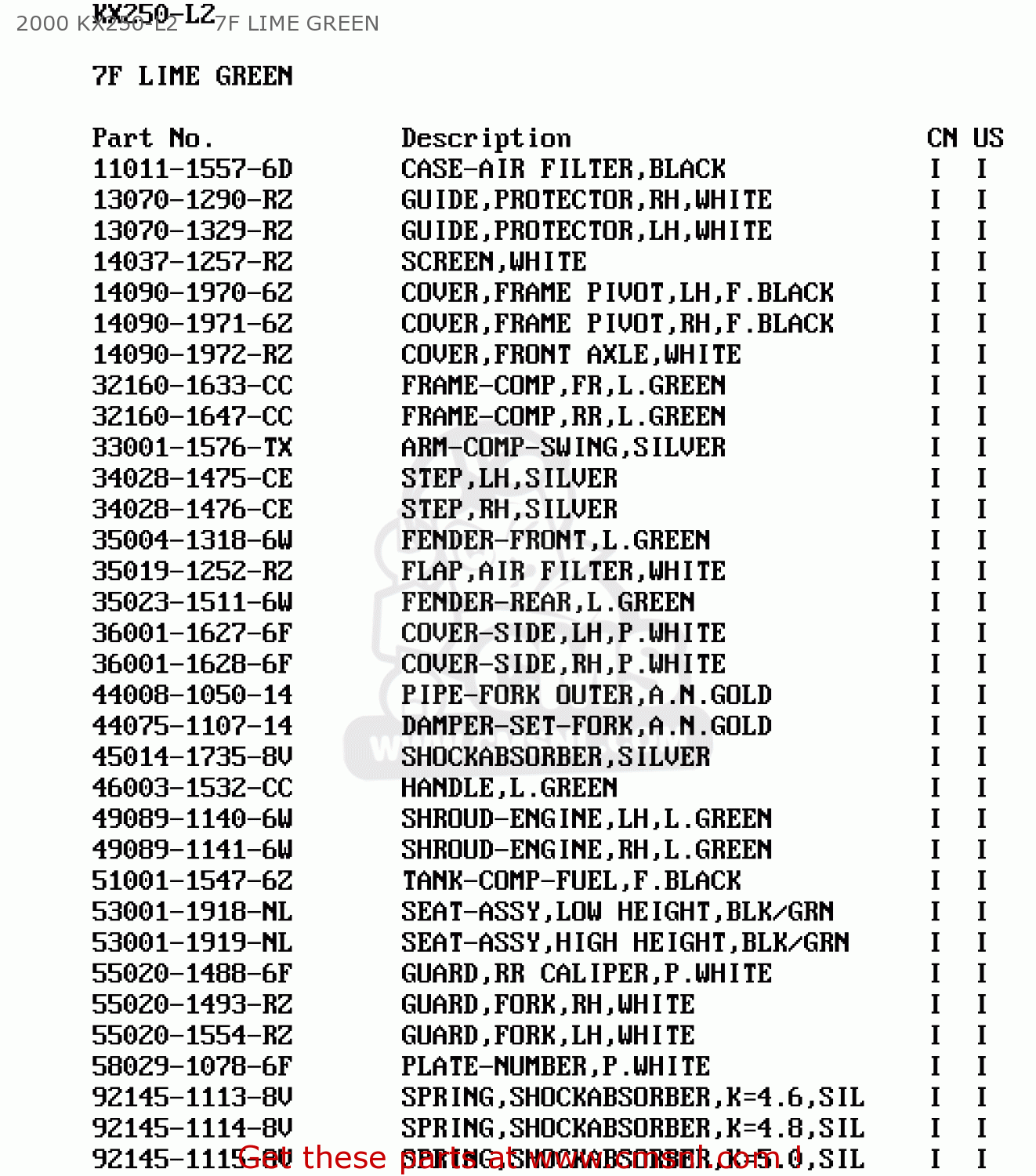 2000 KX250-L2     7F LIME GREEN KX250-L2 2000 USA CANADA