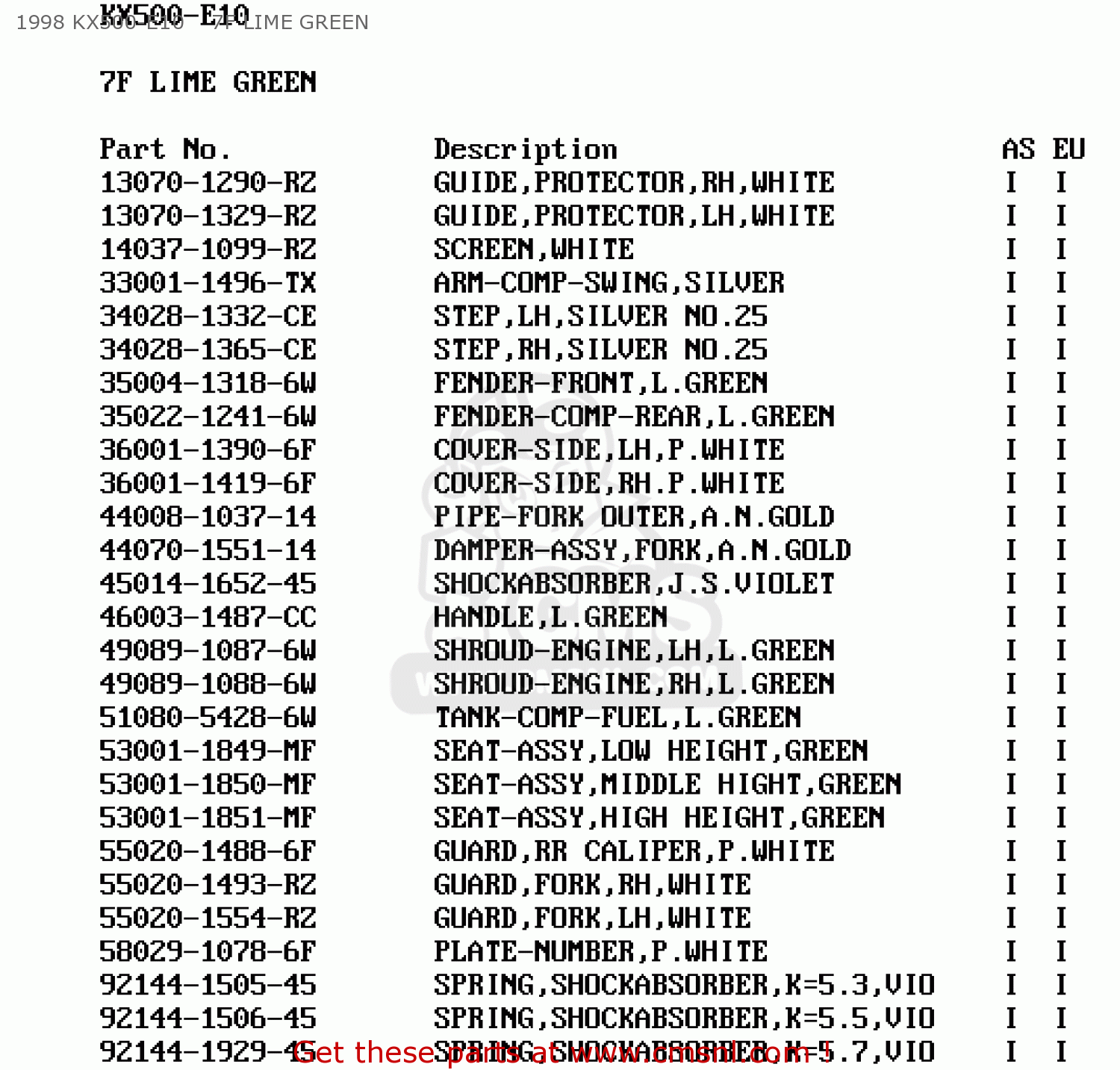 1998 KX500-E10    7F LIME GREEN KX500-E12 2000 EUROPE AS