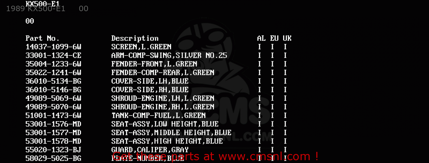 1989 KX500-E1     00 KX500-E2 1990 EUROPE UK AL AS