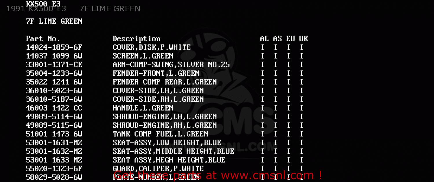 1991 KX500-E3     7F LIME GREEN KX500-E2 1990 EUROPE UK AL AS