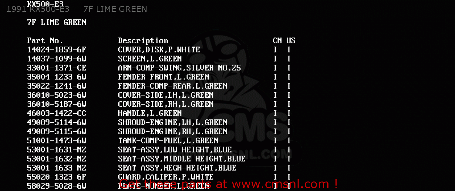 1991 KX500-E3     7F LIME GREEN KX500-E2 1990 USA CANADA