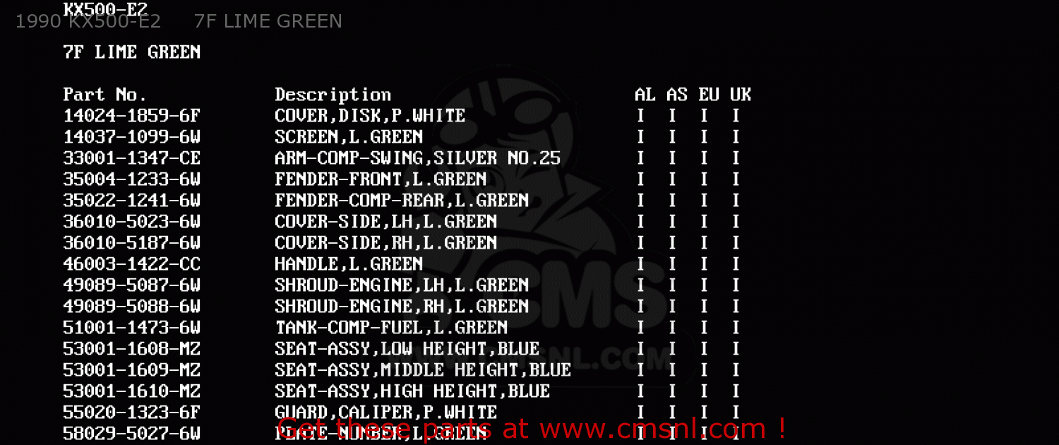 1990 KX500-E2     7F LIME GREEN KX500-E3 1991 EUROPE UK AL AS