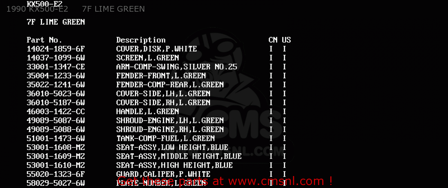 1990 KX500-E2     7F LIME GREEN KX500-E3 1991 USA CANADA