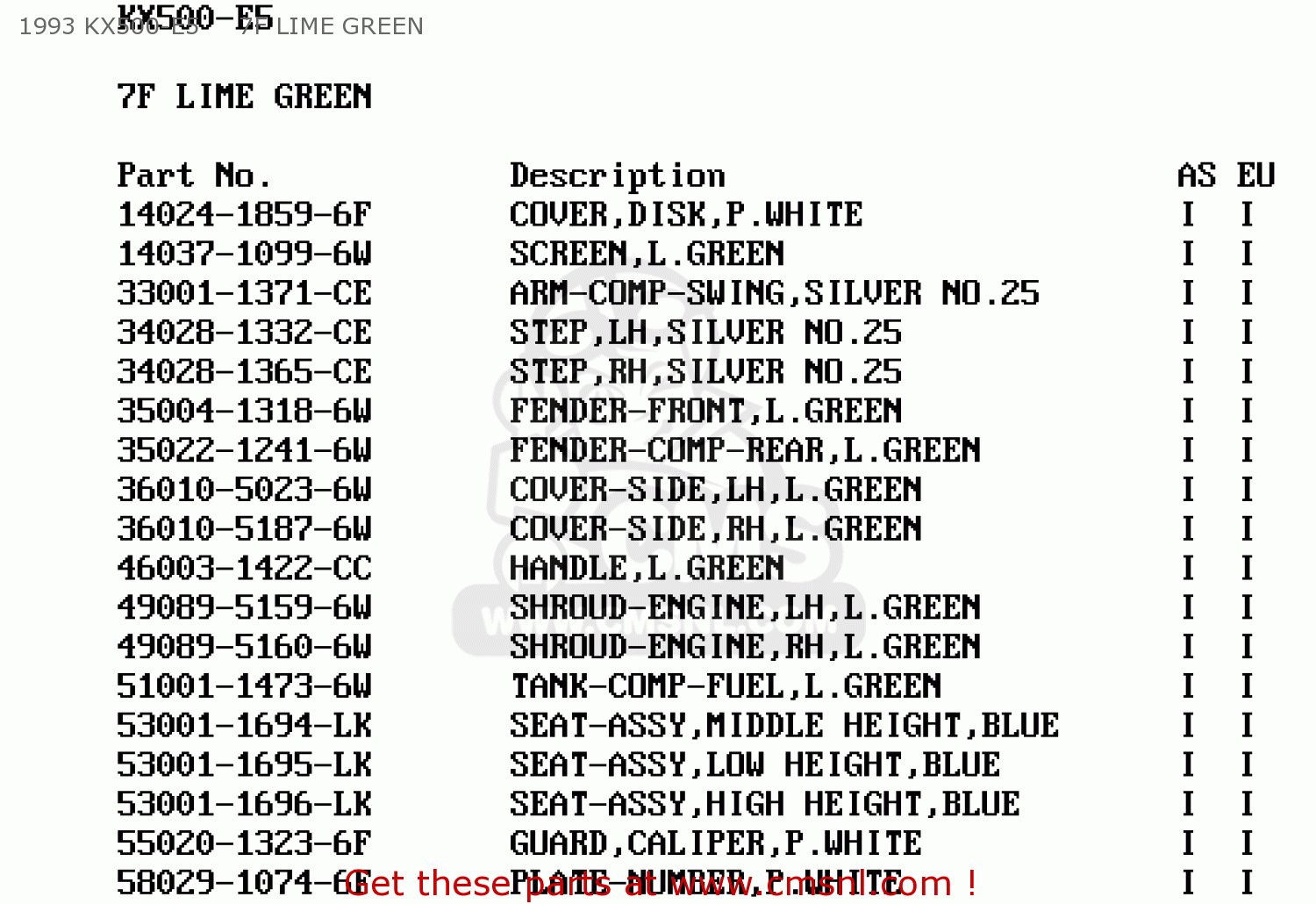 1993 KX500-E5     7F LIME GREEN KX500-E4 1992 EUROPE AS