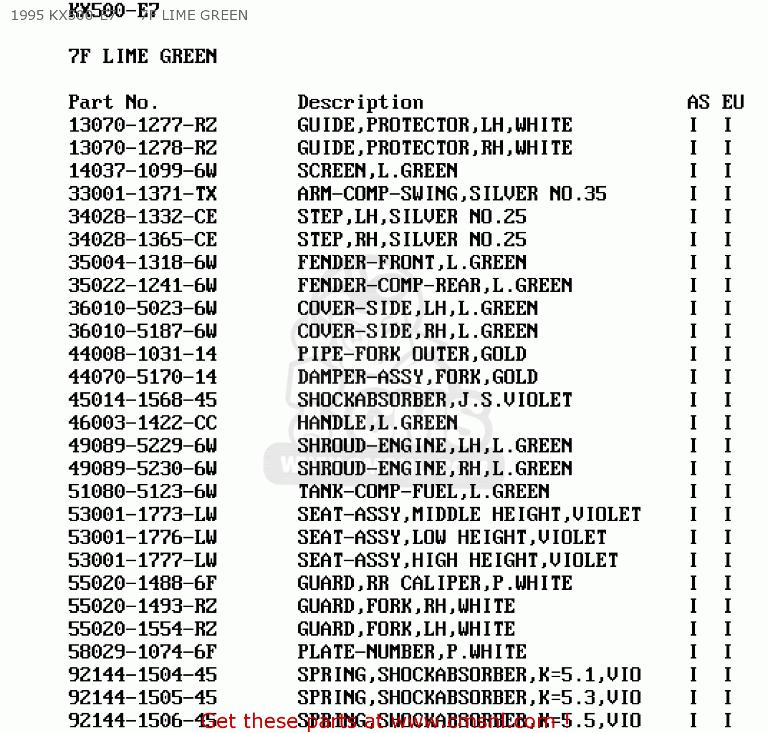 1995 KX500-E7     7F LIME GREEN KX500-E4 1992 EUROPE AS