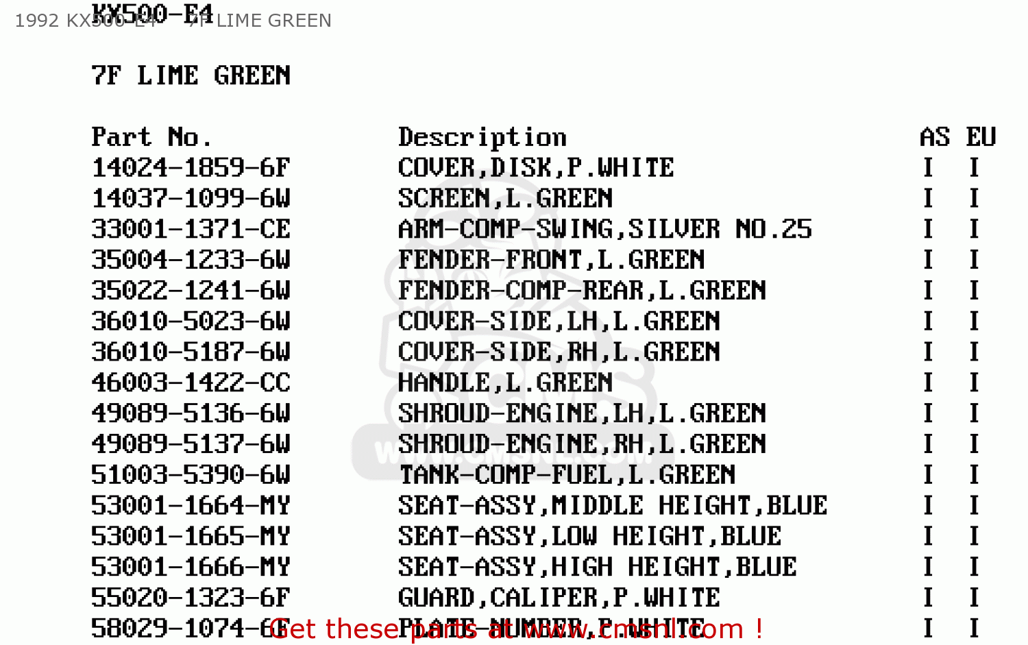 1992 KX500-E4     7F LIME GREEN KX500-E7 1995 EUROPE AS