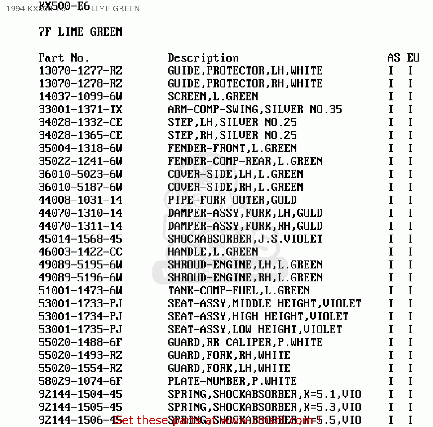 1994 KX500-E6     7F LIME GREEN KX500-E8 1996 EUROPE AS