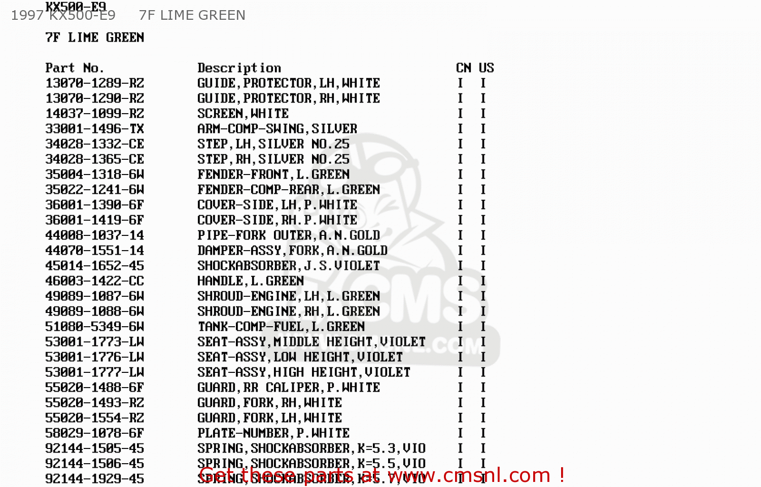 1997 KX500-E9     7F LIME GREEN KX500-E9 1997 USA CANADA