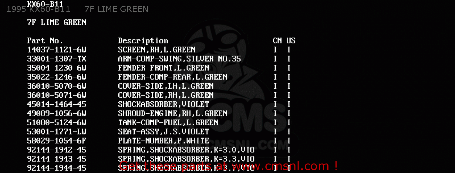 1995 KX60-B11     7F LIME GREEN KX60-B10 1994 USA CANADA