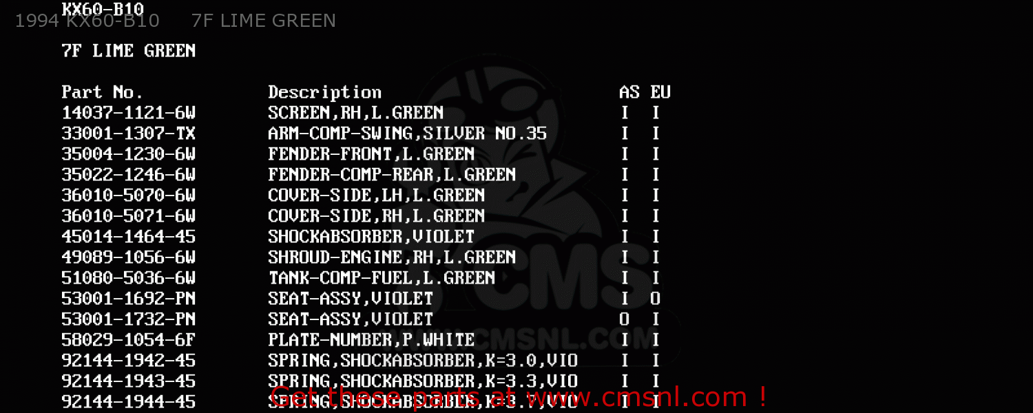 1994 KX60-B10     7F LIME GREEN KX60-B11 1995 EUROPE AS