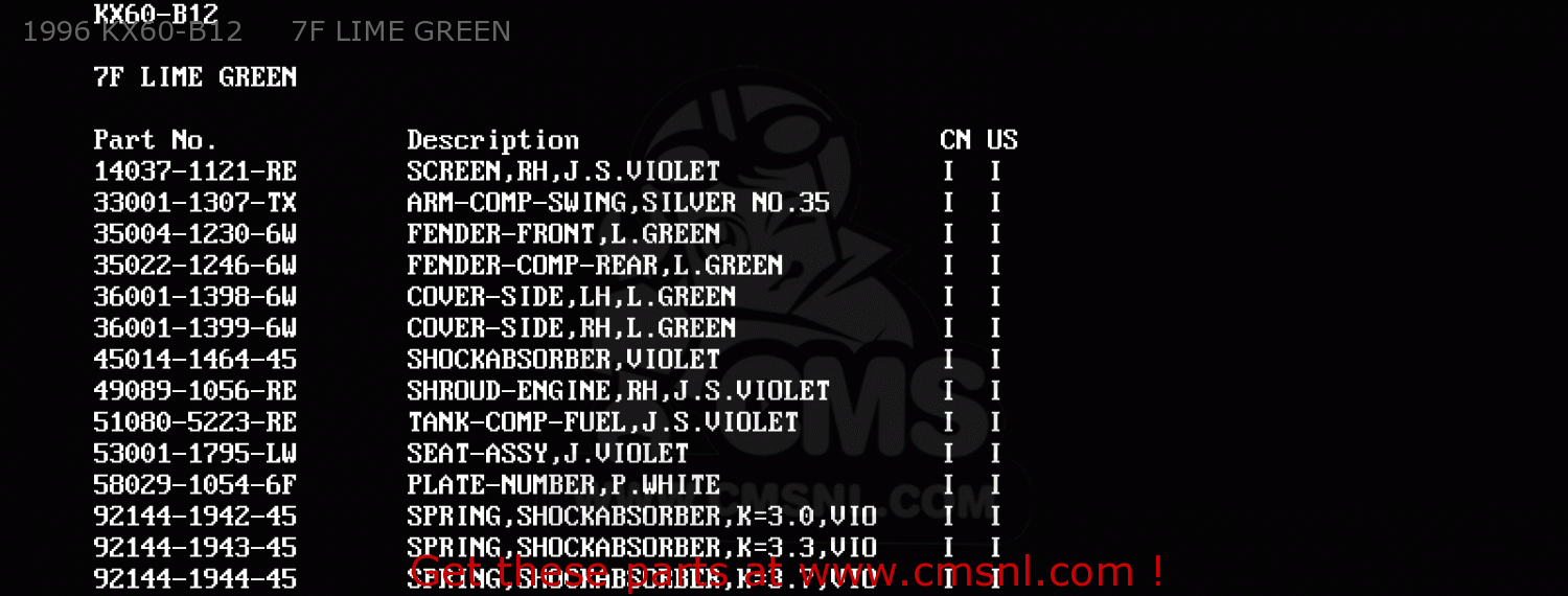 1996 KX60-B12     7F LIME GREEN KX60-B12 1996 USA CANADA