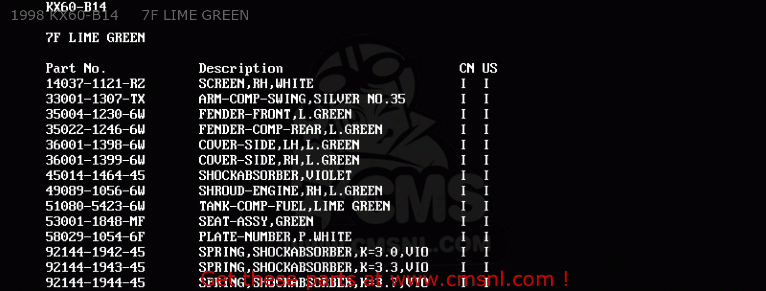 1998 KX60-B14     7F LIME GREEN KX60-B13 1997 USA CANADA