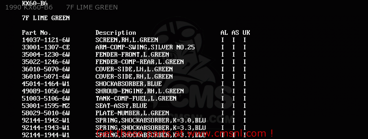 1990 KX60-B6      7F LIME GREEN KX60-B7 1991 UNITED KINGDOM AL AS