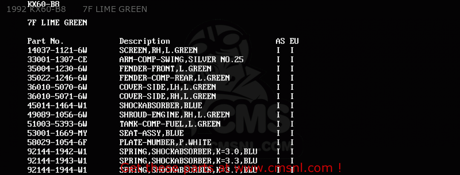 1992 KX60-B8      7F LIME GREEN KX60-B7 1991 UNITED KINGDOM AL AS