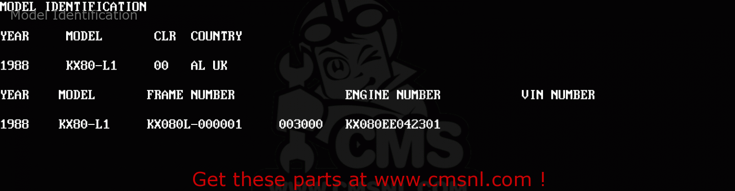Model Identification KX80-L1 1988 UNITED KINGDOM AL