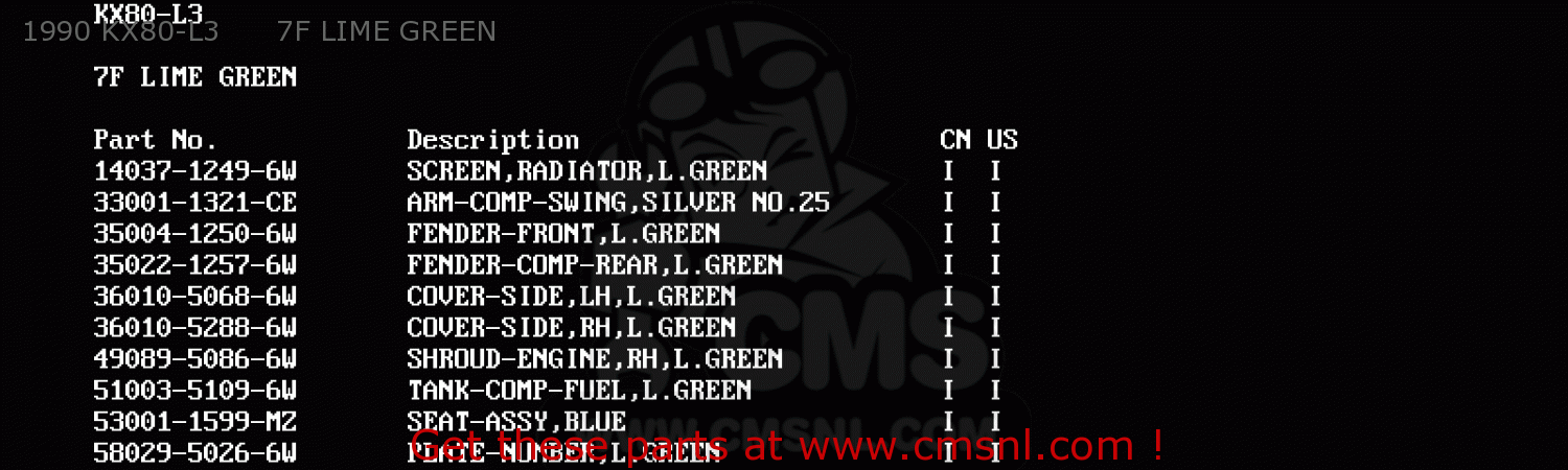 1990 KX80-L3      7F LIME GREEN KX80-L2 1989 USA CANADA