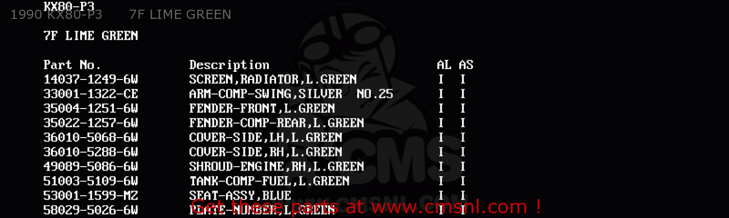 1990 KX80-P3      7F LIME GREEN KX80-L3 1990 UNITED KINGDOM AL