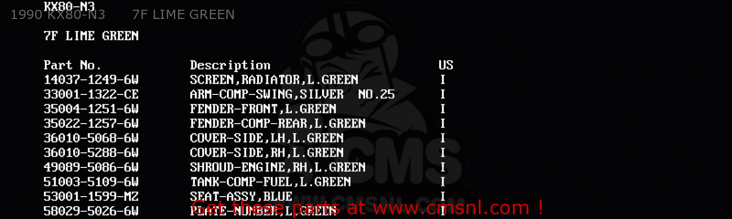 1990 KX80-N3      7F LIME GREEN KX80-N2 1989 USA CANADA