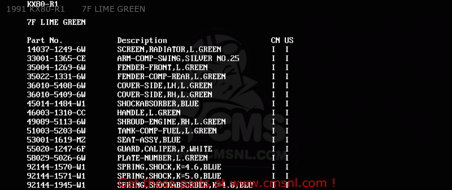 1991 KX80-R1      7F LIME GREEN KX80-R1 1991 USA CANADA