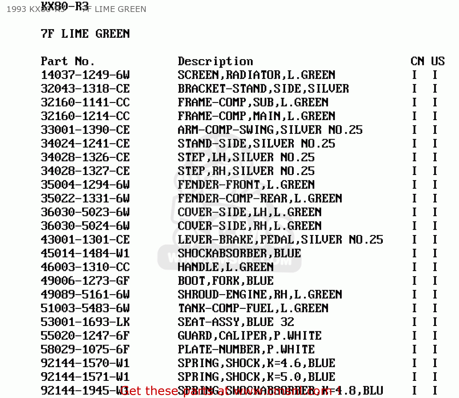 1993 KX80-R3      7F LIME GREEN KX80-R2 1992 USA CANADA