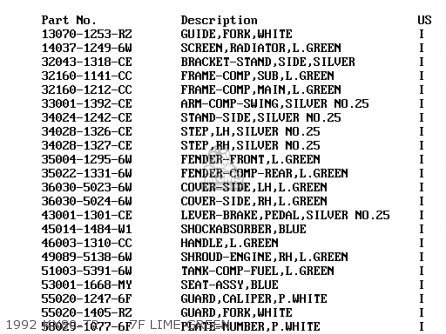 1992 KX80-T2      7F LIME GREEN - KX80-R3 1993 USA CANADA