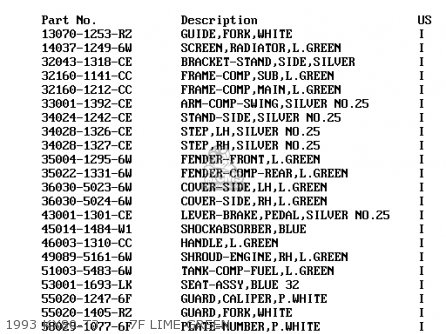 1993 KX80-T3      7F LIME GREEN - KX80-R3 1993 USA CANADA