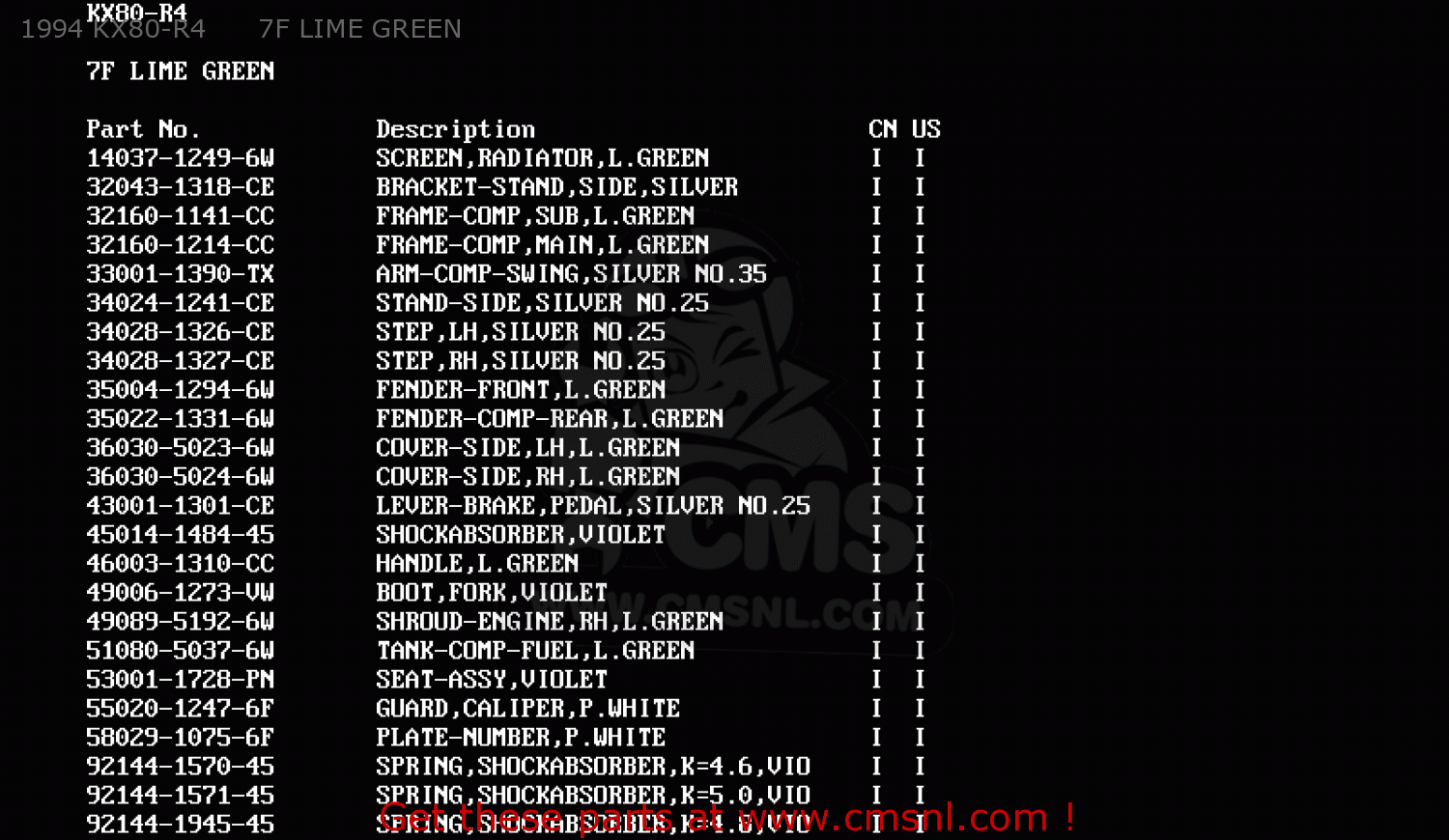 1994 KX80-R4      7F LIME GREEN KX80-R4 1994 USA CANADA
