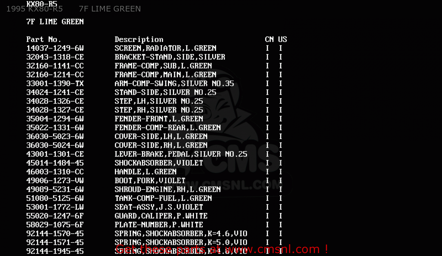 1995 KX80-R5      7F LIME GREEN KX80-R5 1995 USA CANADA