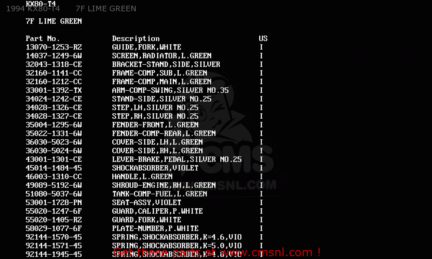 1994 KX80-T4      7F LIME GREEN KX80-R5 1995 USA CANADA