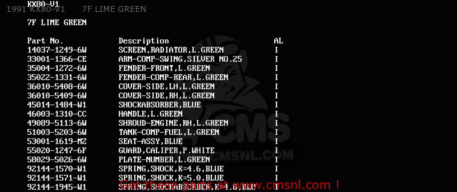 1991 KX80-V1      7F LIME GREEN KX80-S1 1991 AL AS