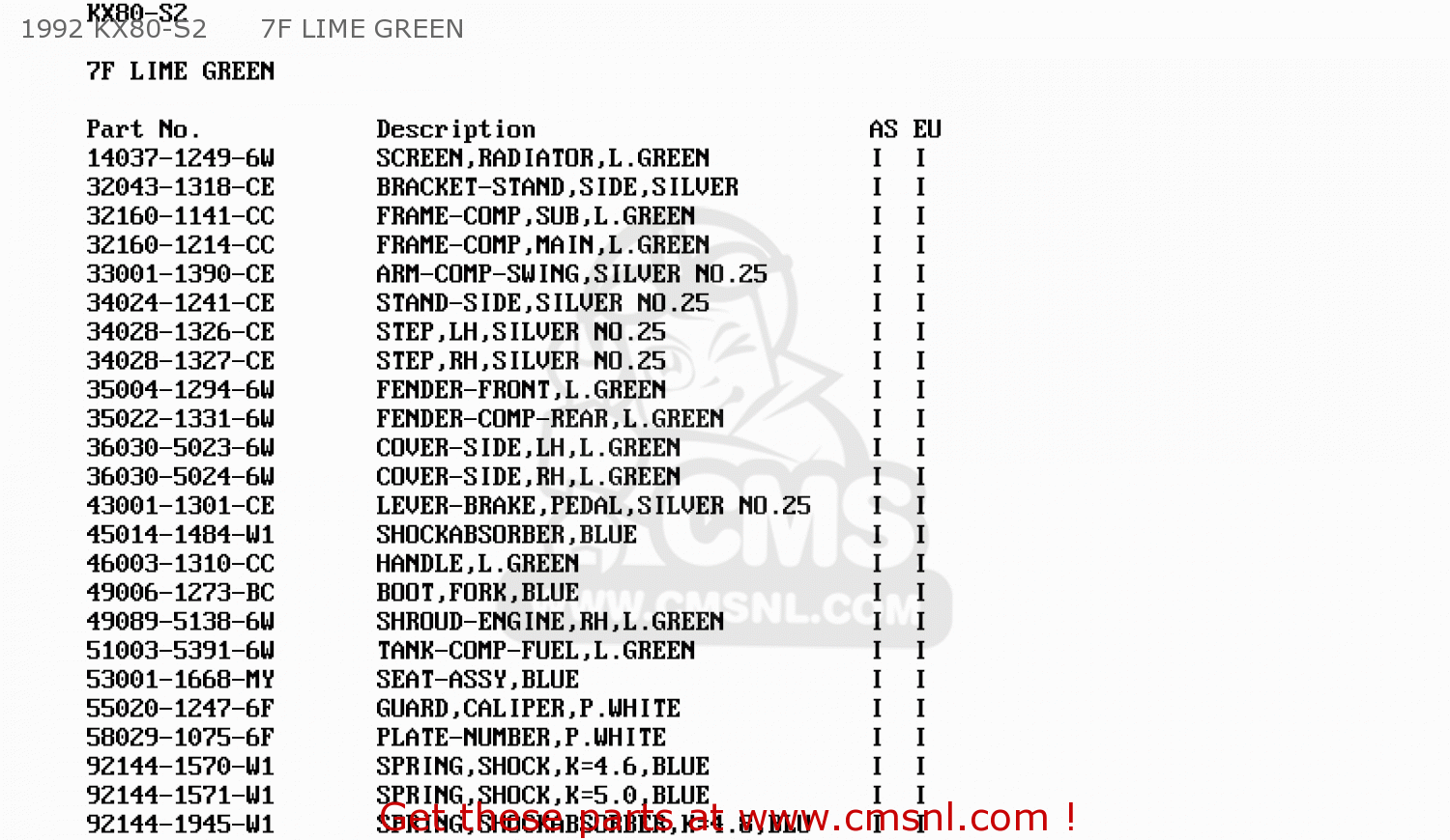 1992 KX80-S2      7F LIME GREEN KX80-S2 1992 EUROPE AS