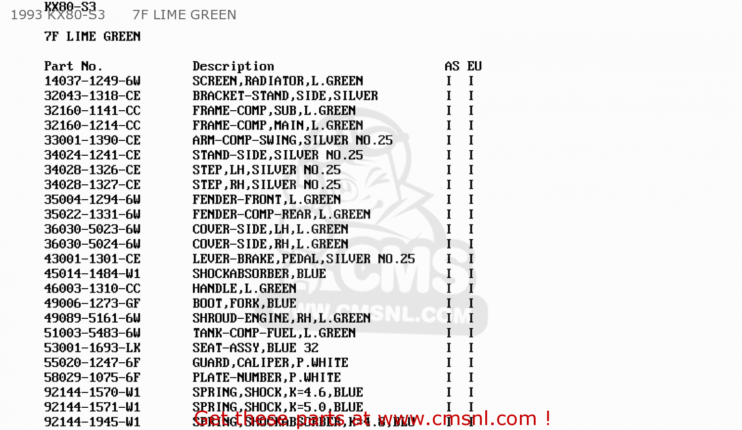 1993 KX80-S3      7F LIME GREEN KX80-S2 1992 EUROPE AS