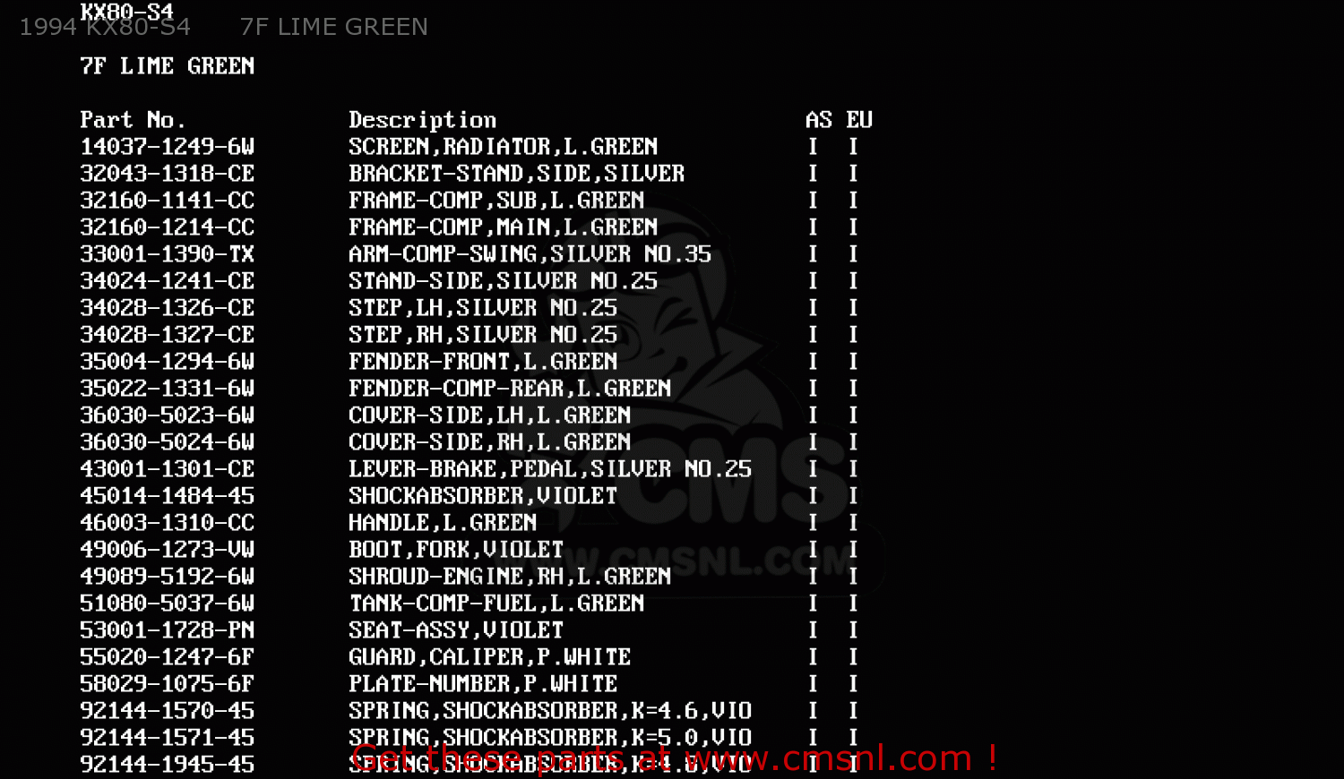 1994 KX80-S4      7F LIME GREEN KX80-S5 1995 EUROPE AS