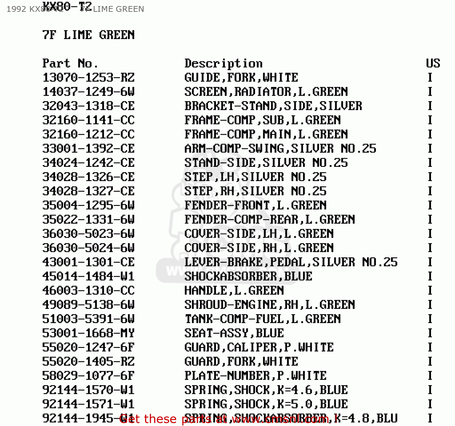 1992 KX80-T2      7F LIME GREEN KX80-T2 1992 USA