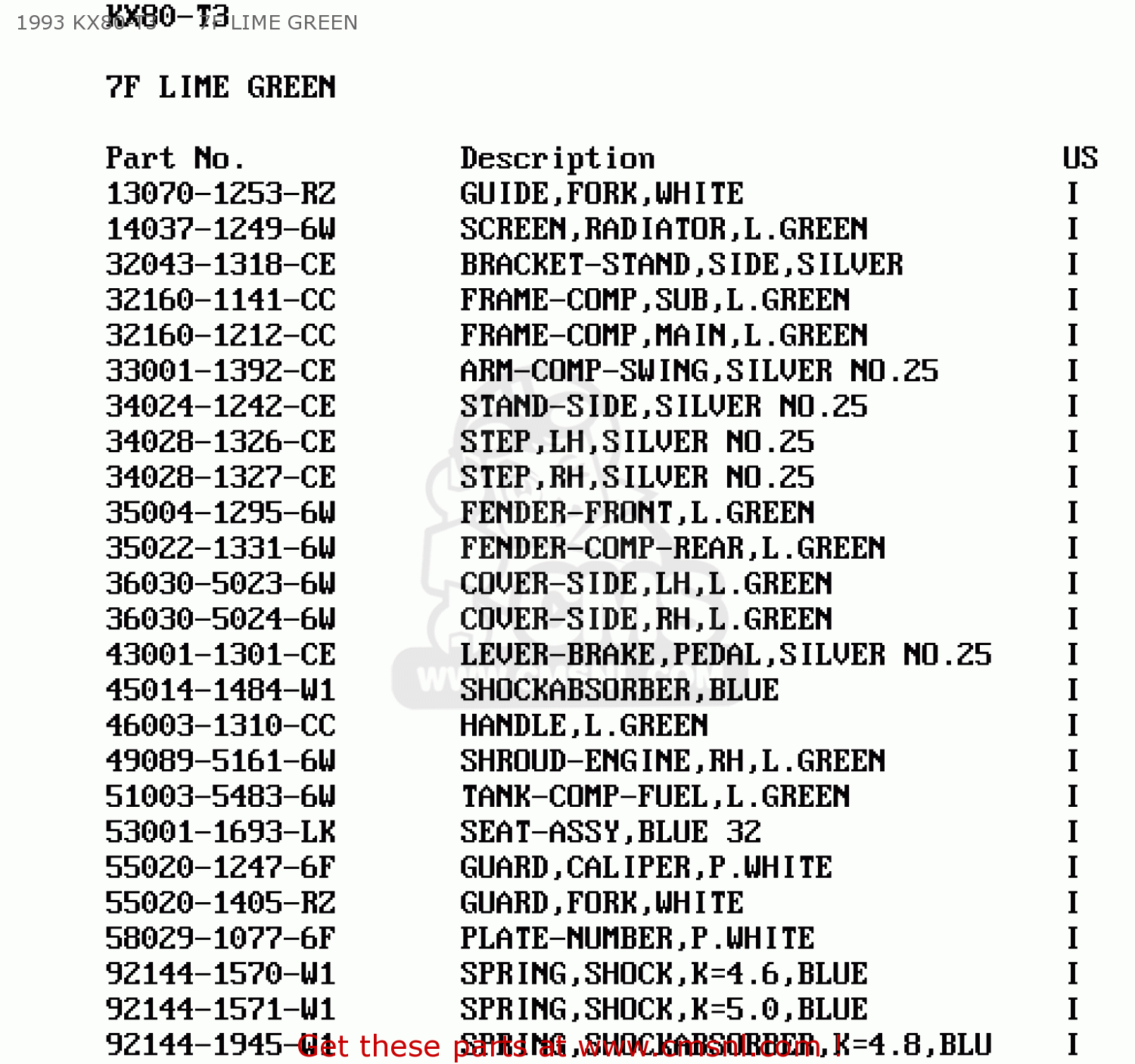 1993 KX80-T3      7F LIME GREEN KX80-T2 1992 USA