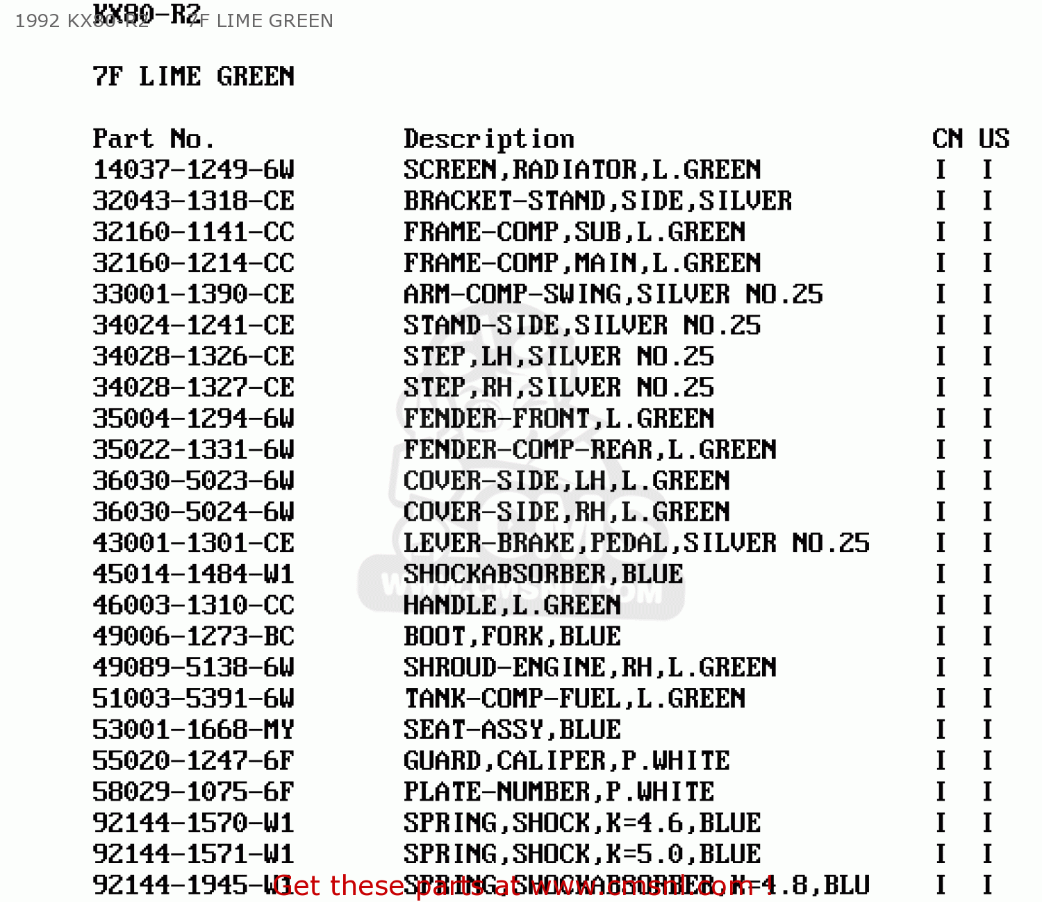 1992 KX80-R2      7F LIME GREEN KX80-T3 1993 USA