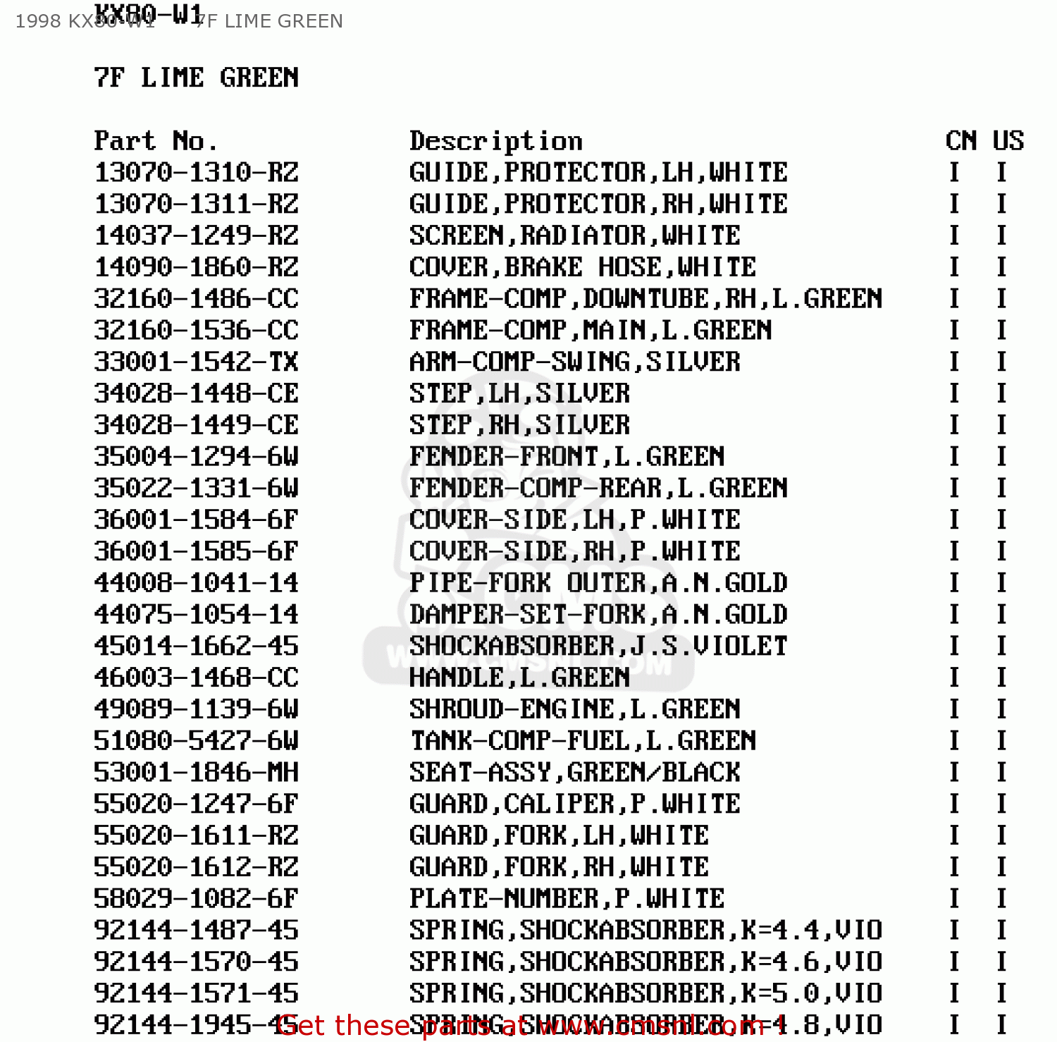 1998 KX80-W1      7F LIME GREEN KX80-W2 1999 USA CANADA